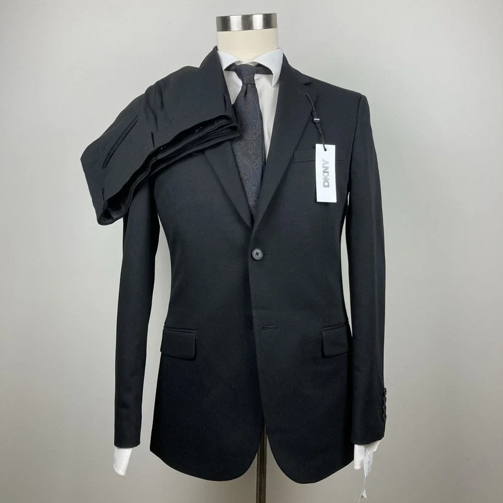 DKNY Men's Suit 38R Jacket 31Wx32 Pants Black Modern Fit 2-Piece
